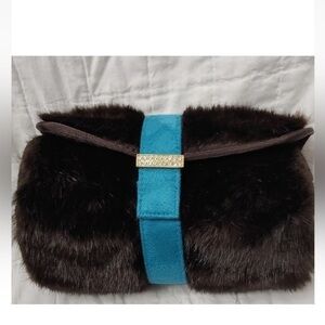STEPHANIE JOHNSON Brown Faux Mink Fur Jewelry/ Makeup Clutch Travel Bag
